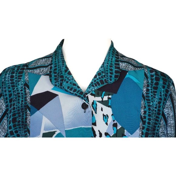 Koos of Course Top Womens Size S Wearable Art Button Up Blouse Teal Black Gray L - Picture 2 of 13